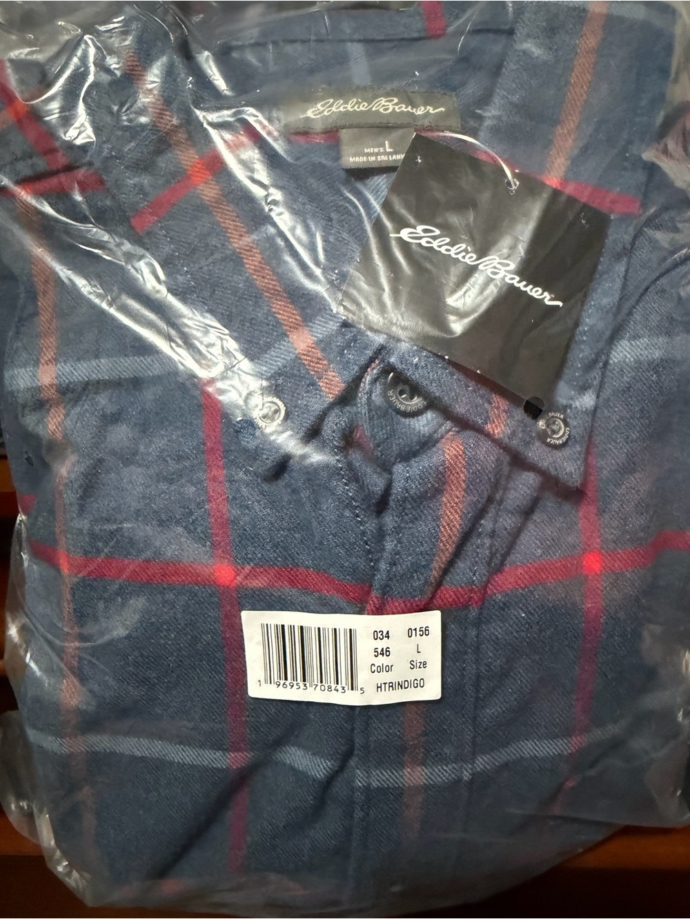 Eddie Bauer Navy Plaid Shirt with Red & Gray Accents